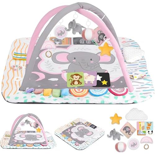 Baby Play Mat Activity Gym, 6 Developmental Zones Tummy Time Mat, 6 Detachable Sensory Toys and Educational Cards, Essential Baby Shower Set, Pink Elephant
