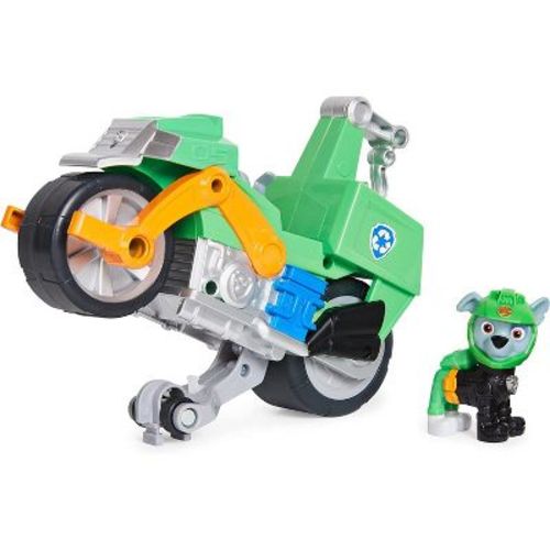 PAW Patrol Moto Pups Rocky's Deluxe Pull-Back Motorcycle Vehicle with Wheelie Feature & Toy Figure, Kids Toys for Ages 3 & Up