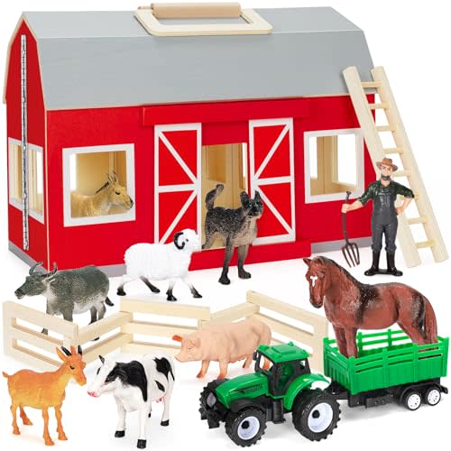 Wooden Barn Toys for Toddlers Ages 3 4 5, Farm Animals Toys for Boys Girls | Big Barn Farm with Figures Animals, Tractor Toy, Farm Playset Educational Preschool Learning Toys, Christmas Birthday Gifts