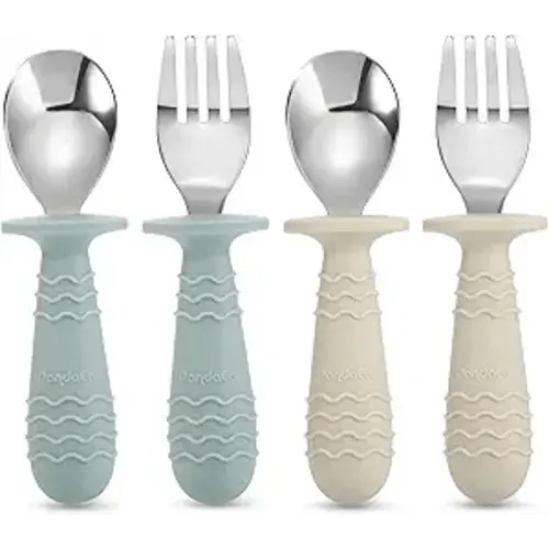 PandaEar 4 Set Baby Toddler Silicone Stainless Steel Utensils Silverware Spoon Fork for Baby Toddler BPA Free with Silicone Holding Anti-Choke Design