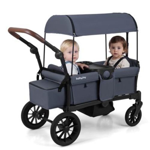 Costway Foldable Wagon Stroller for 2 Kids, Double Seater Toddler Stroller with Canopy Gray