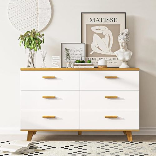 Vibe & Dine 6 Drawer Dresser, White Wooden Dresser for Bedroom, Wide Chest of Drawers with Solid Wood Handles and Legs for Living Room