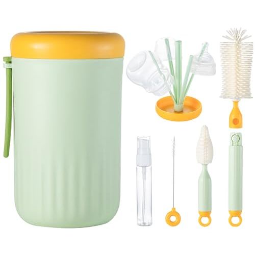 Ariseno Travel Bottle Cleaner Kit, 6-in-1 Baby Bottle Brush with Silicone Bottle Brush, Nipple Brush, Straw Brush, Drying Rack, Dispenser, Organizer, Baby Travel Essential, Gifts for New Mom - Green