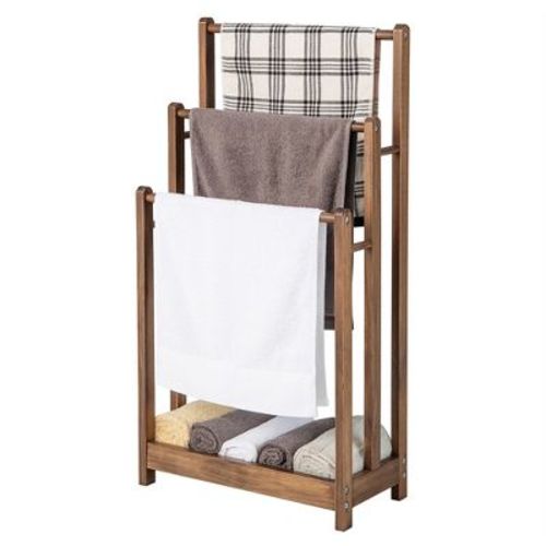 Tangkula 3-bar Freestanding Towel Rack W/ Bottom Storage Shelf Anti-toppling Device Rustic Brown