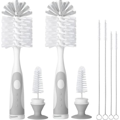 CAREBABYMORE 2 Pack Baby Bottle Brush with 4 Pack Straw Brushes, 10.2" Nylon Brushe with Nipple Cleaner and Stand Suction Cup (Gray)