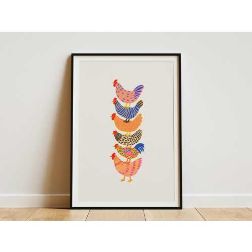 Stacked Chickens Colorful Pattern Art Print Farmhouse Nursery Wall Decor