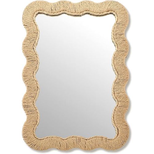 Junkin Boho Scalloped Rattan Mirror Decorative Natural Wicker Wall Mirror with Rattan Frame Boho Coastal Decor for Bathroom Living Room, Entryway Decor