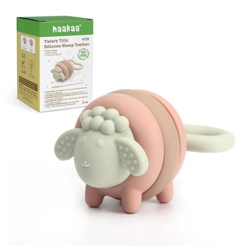 haakaa Twisty Tilly Silicone Sheep Teether, Soft Textures for Sore Gums, Easy-to-Grip Rotating Ring Design Encourages Babies to Grasp, Twist and Explore, Desert Rose