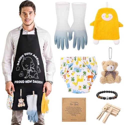 New Daddy Apron with Pockets, Dad to be Gag Gift, Baby Shower Gifts for Men, DADDY DUTY APRON, Bracelet, Hand Towels, Plush Toy Keychain, Diaper, Waterproof Gloves, 6pcs Wooden Clothespin