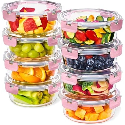 Sorbus 16pc Glass Meal Prep Containers Set – 8 Round 32oz Containers with Airtight Lids – Freezer, Dishwasher, Oven Safe – Reusable Food Storage Bowls, 4 Cup Capacity for Meal Prep and Storage, Pink
