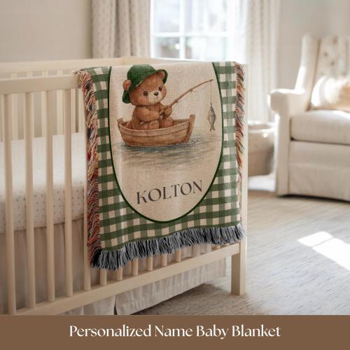 Personalized Little Fisherman Baby Blanket Fishing Bear Custom Name Nursery Decor Boys Room Decor Woven Blanket Heirloom Baby Boy Gift Ideas