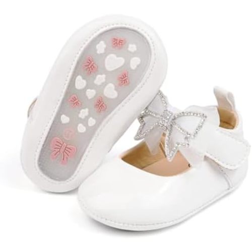 Sawimlgy Baby Girls Mary Jane Sequins Crown Flats PU Leather Wedding Party Princess Ballet Shoe Infant Rubber Sole Prewalker Toddler First Crib Shoes