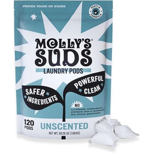 Molly's Suds Laundry Detergent Pods | Clean Detergent for Sensitive Skin | Ultra Concentrated and Stain Fighting | Unscented - 120 Count (Value Pack)