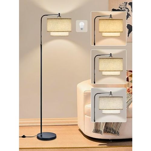 64" Modern Floor Lamp for Living Room Bedroom, Floor Lamp with 3 Color Temperatures, Standing Lamp with Double Oatmeal Linen Lampshade, Tall Lamp with A19 12W LED Bulb, Foot Switch Control, Black