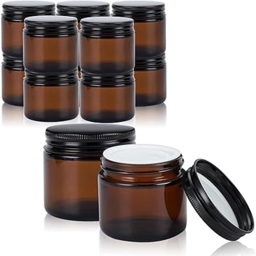 2oz Amber Glass Jars with Lids - 12 Pack Cosmetic Containers for Travel, Lotion, Cream