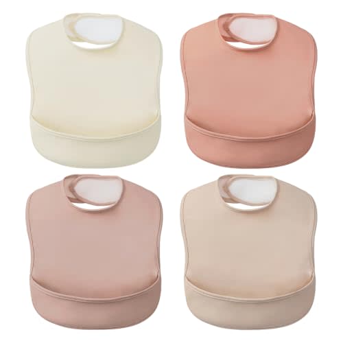 POIKSHARK 4-Pack Waterproof Baby Feeding Bibs with Large Food Catcher – Toddler Apron for Eating, Easy to Put On & Clean, Baby Eating Essentials, Baby Shower (Pink)