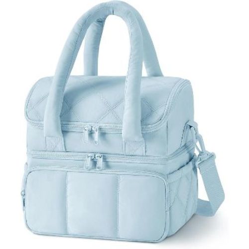 Double Deck Insulated Quilted Lunch Bag. Leakproof, Durable Reusable Tote for Work, Picnic, or Travel. Light Blue Large(double deck)