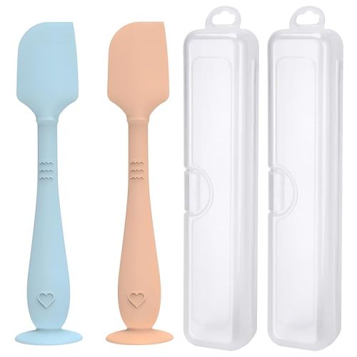 2 Pack Diaper Cream Spatula With Hygienic Travel Case, Baby Butt Paste Applicator With Suction Base, Soft Silicone Diaper Rash Cream Applicator Large Size (Blue & Brown)
