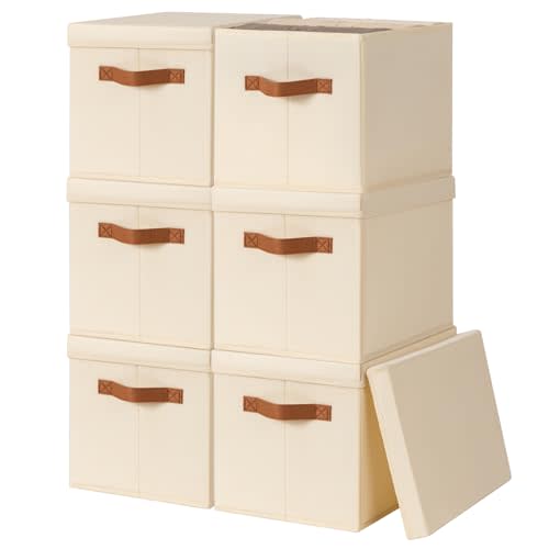 Homsorout Storage Bins with Lids - Fabric Storage Baskets for Shelves, 6 Pack Foldable Decorative Boxes with Handles, Stackable Organizer Bins for Home, Nursery, Dorm, Beige