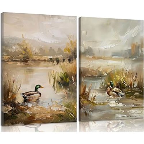 Vintage Mallard Duck Pond Wall Art Countryside Landscape Duck Canvas Painting Retro Farmhouse Rustic Mallard Duck Wall Decor Funny Farm Animal Posters Prints for Nursery Bedroom Picture Framed