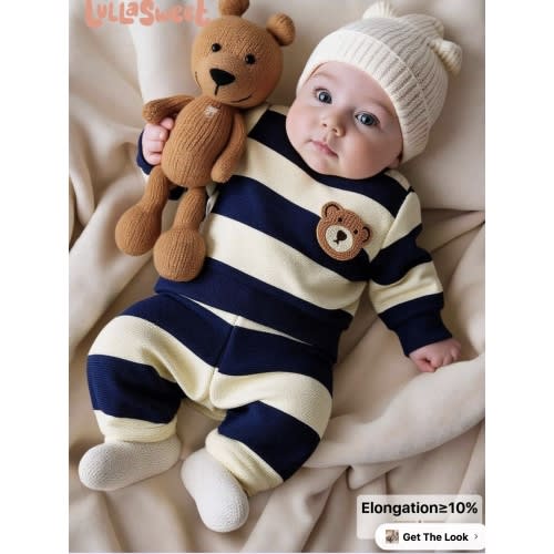 SHEIN Newborn Male Baby Navy Black And White Striped Long Sleeved Teddy Bear Pattern Top
