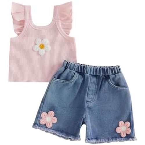 Toddler Baby Girl Summer Clothes Ruffle Sleeveless Tank Top Shirt Ripped Jean Shorts Denim Outfits for Girls