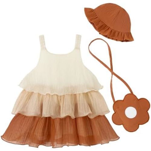 Renotemy Infant Baby Girl Summer Dress Chiffon Ruffle Layered Sling Sundress Party Outfits with Hat and Bag for Toddler Girls