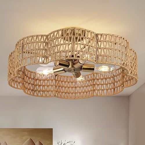 24” Boho Rattan Ceiling Light Fixture, Hand-Woven Wicker Flush Mount Chandelier, Rustic Coastal Scalloped Gold Base Semi Flush Lighting for Bedroom, Dining Room, Kitchen, Foyer, Living Room