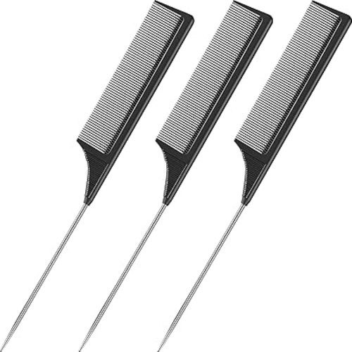 Leinuosen 3 Packs Rat Tail Comb Steel Pin Rat Tail Carbon Fiber Heat Resistant Teasing Combs with Stainless Steel Pintail (Black)