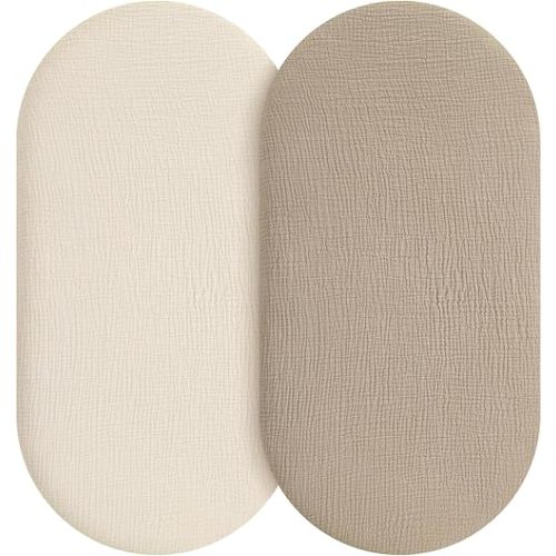 Muslin Bassinet Sheets Girl Boy, 100% Cotton Fitted Bassinet Sheet Set 2 Pack Bassinet Mattress Sheets Universal Fit for Rectangle, Round, Oval, Hourglass Mattress, Soft Breathable