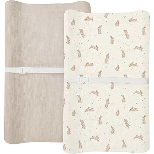 Changing Pad Cover for Baby Boy Girl 2 Pack, Muslin Changing Table Pad Covers with Boho Style, Neutral Nursery Bedding Essentials Soft and Breathable (Hopping Bunnies & Beige)