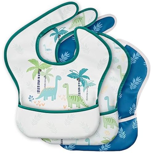 3-Pack Waterproof Baby Bibs for Eating - Mess Proof Lightweight Toddler Feeding Bibs with Large Food Catcher, Food-Grade Baby Eating Essentials, Easy to Put On & Clean(Blue Dinosaur)