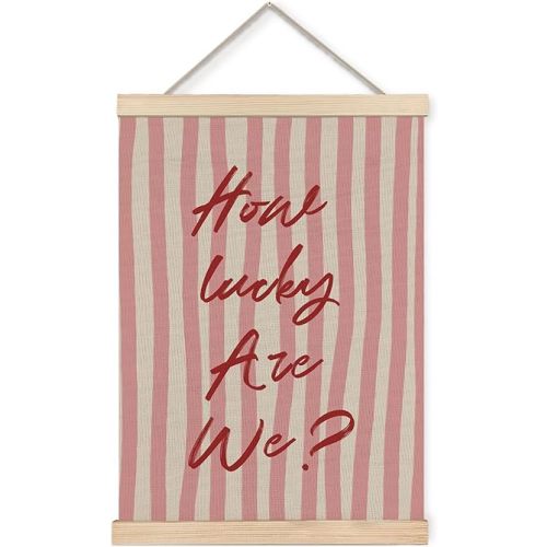 Foritho How Lucky Are We Poster Wall Art Framed, Trendy Preppy Pink and White Striped Positive Affirmation Canvas Prints Wall Decor for Girls Room Dorm Bedroom Apartment, 12x16 Inch