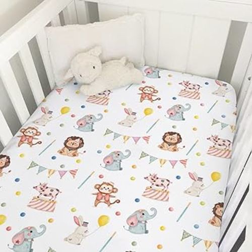 Watercolor Circus Animals Baby Crib Sheet 52''x28'' Cute Monkey Elephant Rabbit Pig Fitted Mattress Sheet for Boy Girl Nursery Bed Sheets for Standard Crib and Toddler Mattress