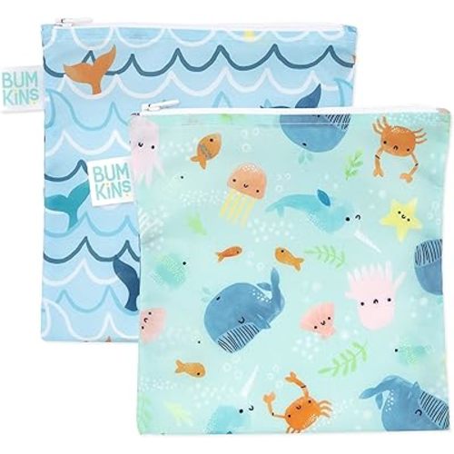 Bumkins Reusable Sandwich and Snack Bags, for Kids School Lunch and for Adults Portion, Washable Fabric, Waterproof Cloth Zip Bag, Travel Pouch, Food-Safe Storage, Large 2-pk Blue Ocean Life