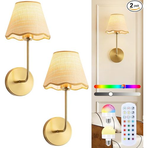 ADISUN Battery Operated Wall Sconce Set of 2, Gold Wall Lamps for Living Room, Rechargeable Bulbs, RGB. Rattan Shade Wireless Wall Lights for Bedroom Living Room Hallway Kitchen(Bulbs Included)