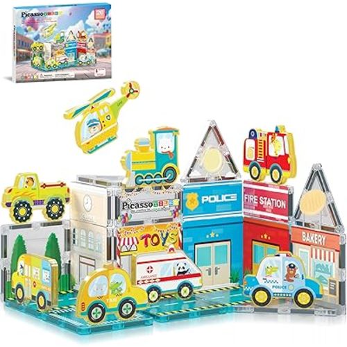 PicassoTiles Magnet Tile Building Blocks Metro City Themed Playset with 8 Character Action Figures Magnetic Tiles STEM Learning Early Education Toy Construction Set Toddlers Boys Girls Ages 3+ PTQ24