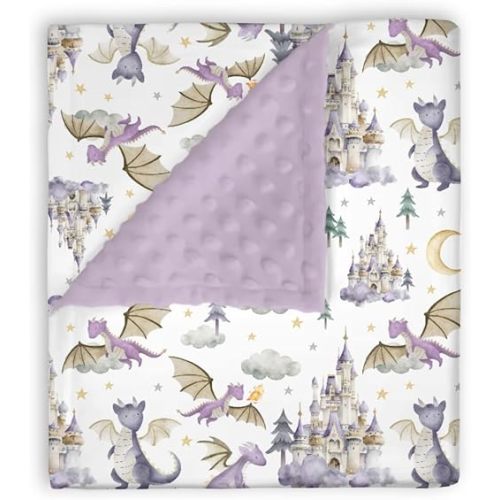 Mink Baby Girls Blankets Cute Purple Dragon Tale, Whimsical Castle Moon Cloud Star Soft Double Layer Dotted Backing Receiving Swaddle, Newborn Infant Toddler Nursery Crib Bedding 30 x 40