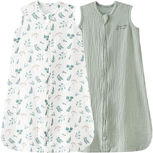 david's kids Muslin Cotton Baby Sleep Sack 0-6 Months, 2 Pack 100% Cotton Sleeping Bag for Summer, TOG 0.5 Baby Wearable Blankets with 2-Way Zipper, Soft Sleep Sacks for Newborn Infant, Forest