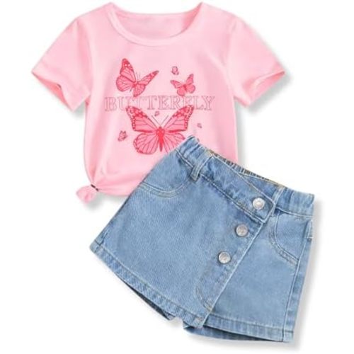 Girls Clothes 2PCS Butterfly Print Short Sleeve T-Shirt Denim Skirt Shorts Set Teen Tween Girls Summer Outfits Set
