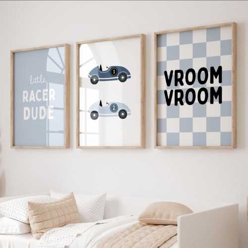 Vintage Blue Race Car Prints: Boy's Nursery Decor, Set of 3 (Digital Download)
