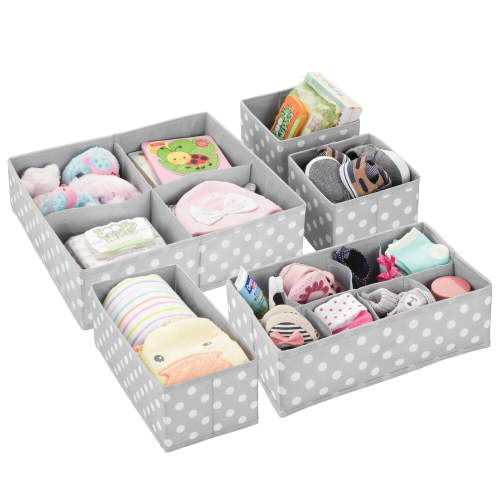 mDesign Fabric Nursery Divided Drawer Organizer, Set of 5, Gray/White Polka Dot