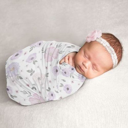 Sweet Jojo Designs Girl Swaddle Baby Blanket Watercolor Floral Purple Grey and Pink