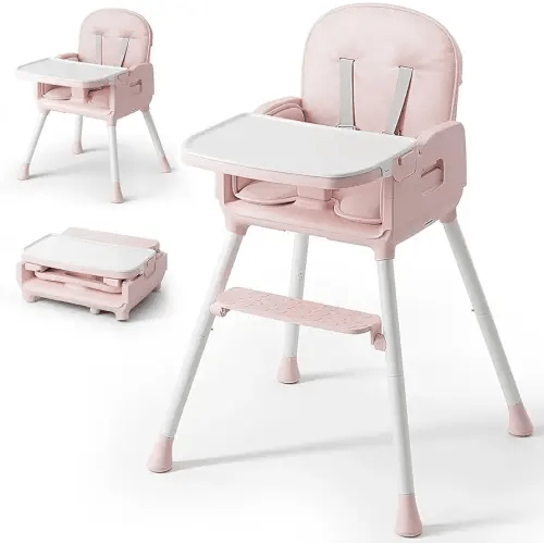 Obee Odee 3-in-1 Portable Baby High Chair for Babies and Toddlers, Convertible Easy Clean Infant Foldable Highchair with Adjustable Legs & Dishwasher Safe Tray, Pink