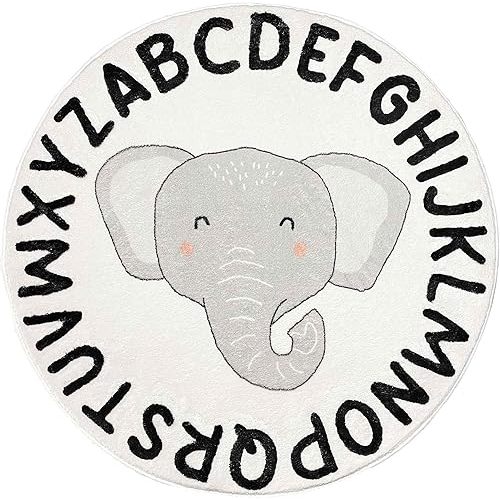 ABC Alphabet Nursery Rug, Soft Fluffy Carpet for Playroom, Bedroom - Washable Non-Slip White Fuzzy Rug for Girls & Boys, Round Kids Play Rug (Baby Elephant, White) (120cm x 120cm (47in x 47in))