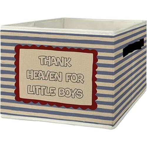 Retro Boy Nursery Storage Bins with Handles, Boys Collapsible Laundry Basket Organizer for Kids Room Bedroom Bathroom Playroom, Thank Heaven for Little Boys Striped Decorative Storage Boxes