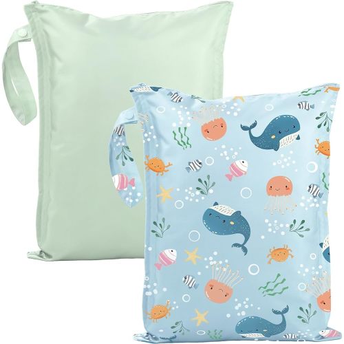 Wet Dry Bags Water Resistant - 2 Pack Reusable Waterproof Wet Dry Bag for Swimsuits & Baby Clothes - Leakproof Storage Pouch Bag for Travel & Baby Diaper - Travel Laundry Daycare Bags