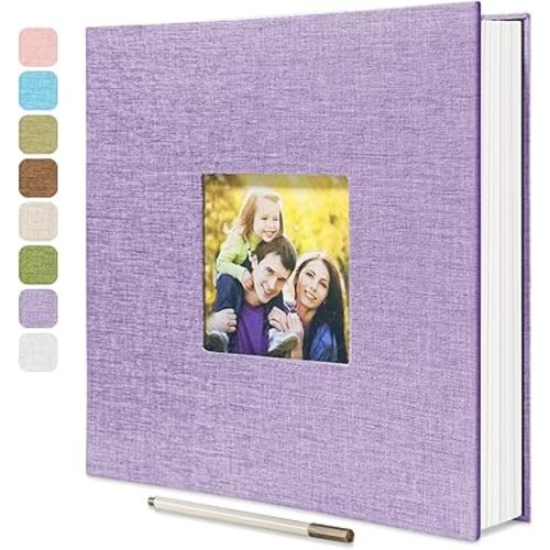 Large Photo Album Self Adhesive with Picture Display Window, DIY Scrapbook Album for 4x6 8x10 Pictures, 40 Pages Light Purple Linen Cover Memory Book with Scraper and Metallic Pen