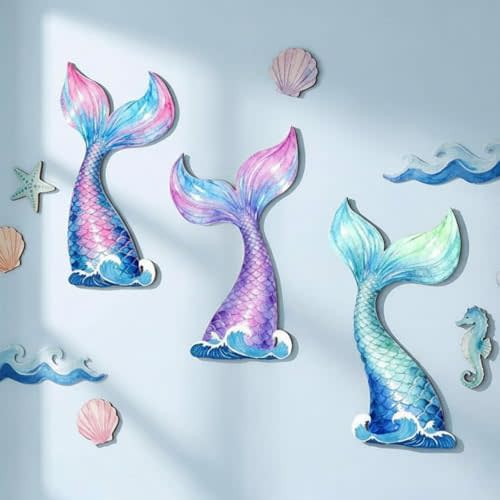 Fiwochic 3 Pcs Mermaid Tail Wall Decor Wood Wall Art Watercolor Under Sea | Sturdy Mental with Back Hooks Screws, 3 Size, Hanging Decoration for Baby Nursery Girls Bedroom Bathroom Patio Swimming Pool
