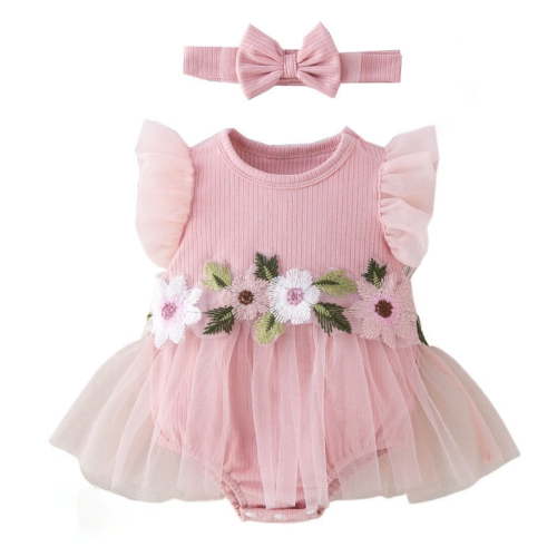 BENJAMJAM 0-2Y Mesh Puffy Skirt Cartoon Print Cap-Sleeve Onesie with Hair Accessories Set